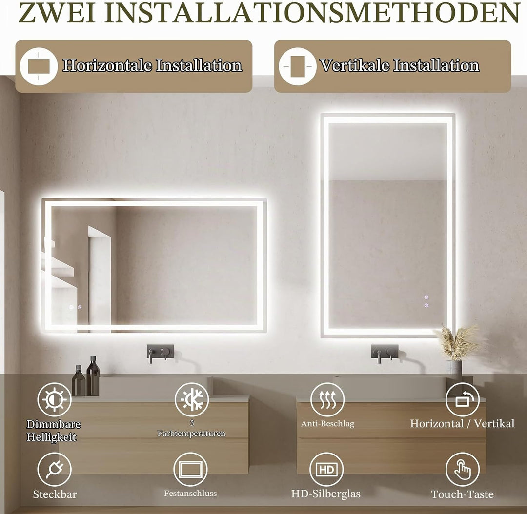 Clevich Badspiegel mit Beleuchtung 100×60 cm, LED Spiegel mit 3 Lichtfarben und dimmbar, Touch-Schal