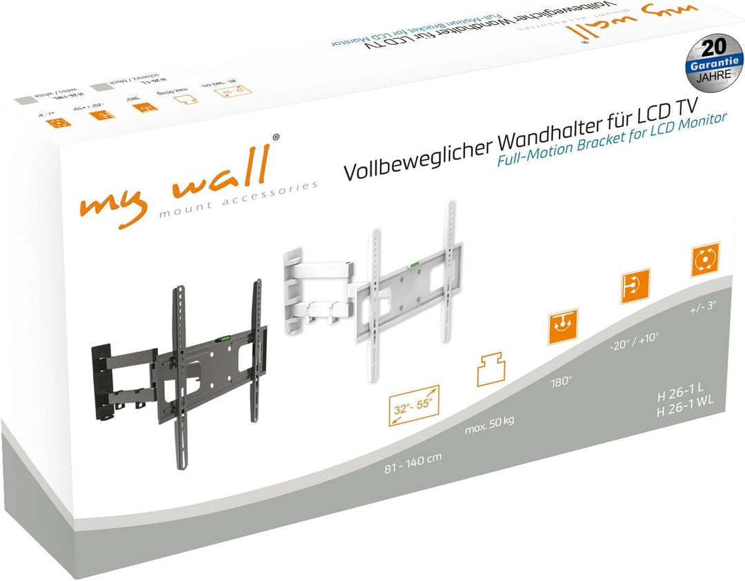 mywall H26-1WL TV-Wandhalterung 81,3cm (32) - 139,7cm (55) Neigbar+Schwenkbar, Rotierbar weiss, weis