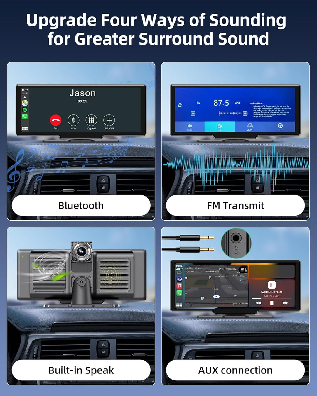 Wireless Carplay Android Auto Display mit 2.5K Dashcam Auto Vorne Hinten 10.26 Zoll Touchscreen Carp