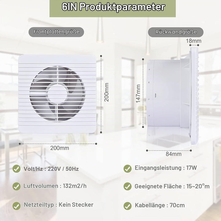 FanGoFast Badlüfter 150mm, Badezimmer Lüfter Leiser mit Rücklaufklappe, 17W Leistungsstarke Wandvent