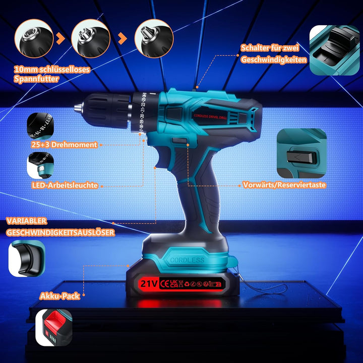 Akkuschrauber, 21V Akku Bohrschrauber Set mit Akku 2000mAh 45Nm Drehmoment Max 25+3 Drehmomentstufen