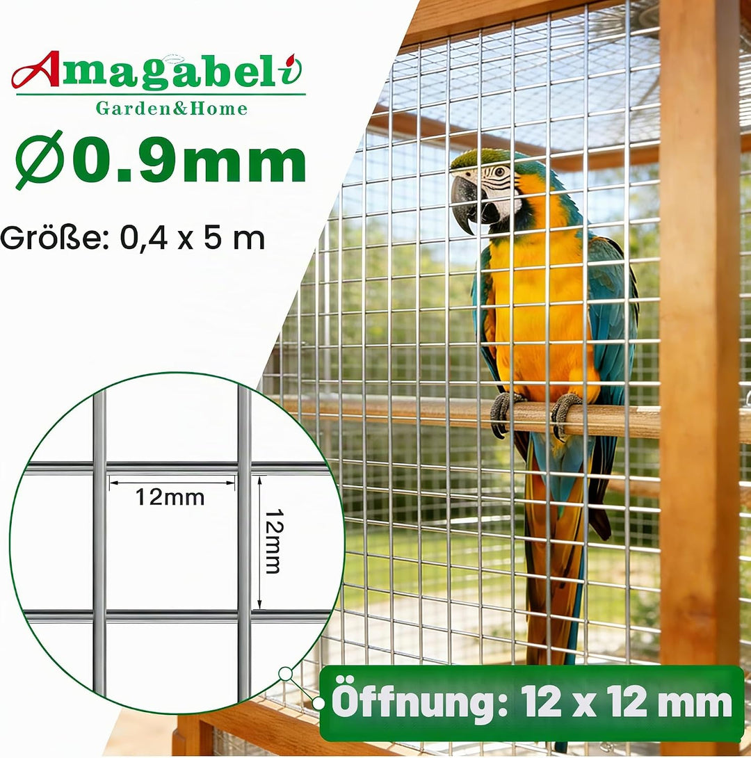 Amagabeli Drahtgitter Volierendraht 0.4m X 5m, 0.9mm Feuerverzinkt & Rostfrei (12x12mm) – Für Hochbe