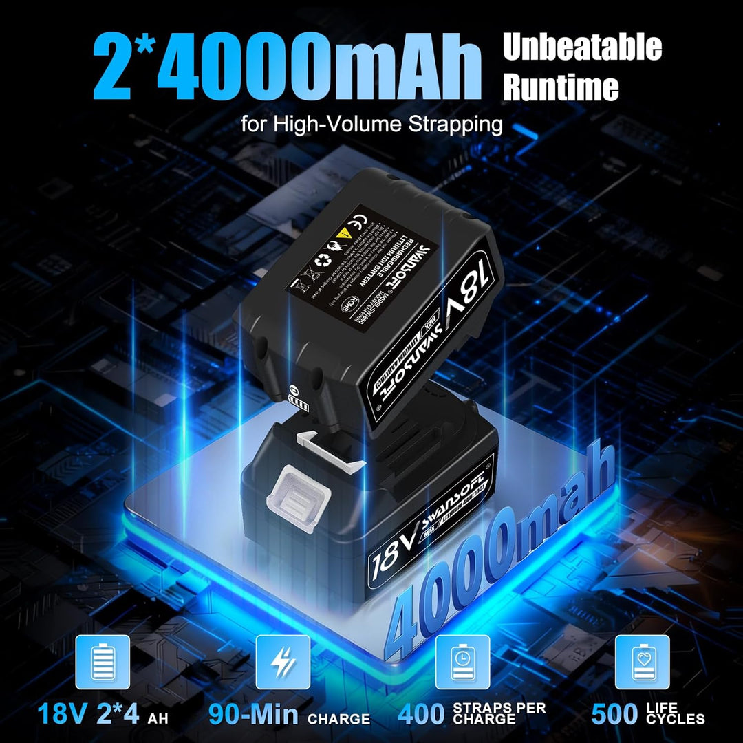 SWANSOFT Umreifungsgerät Akku für 13-16 mm PP-/PET-Band mit Digitaldisplay, 2 x 4000 mAh Akku, 3200N