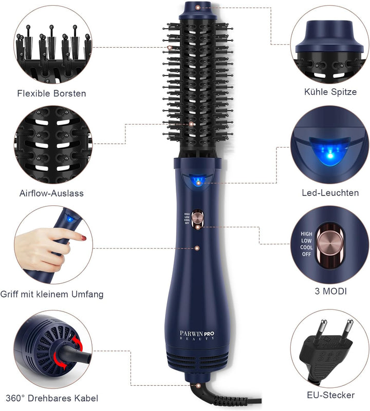 Warmluftbürste Föhnbürste, PARWIN PRO BEAUTY 2.0 Rundbürstenföhn, 4 in 1 Rund Haartrockner lockenbür
