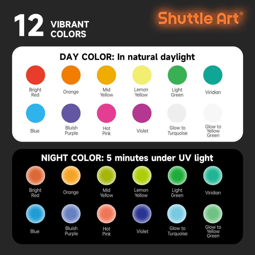 Shuttle Art Fluoreszierende Farbe, 12×60ml Leuchtfarben nachtleuchtend, Glow in the Dark nachtleucht