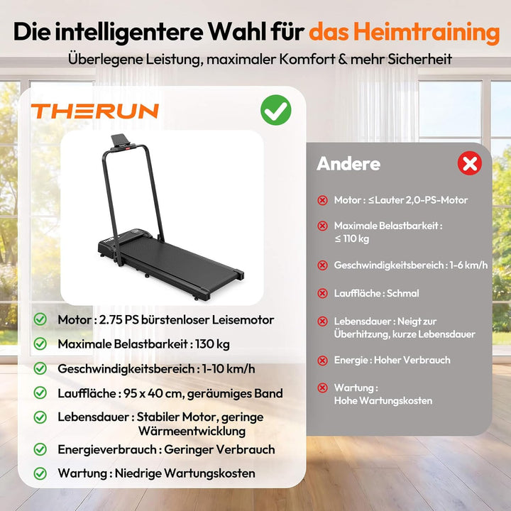 THERUN Walking Pad Laufband leise,Treadmill klappbares bis 10 km/h Schwarz, Schwarz