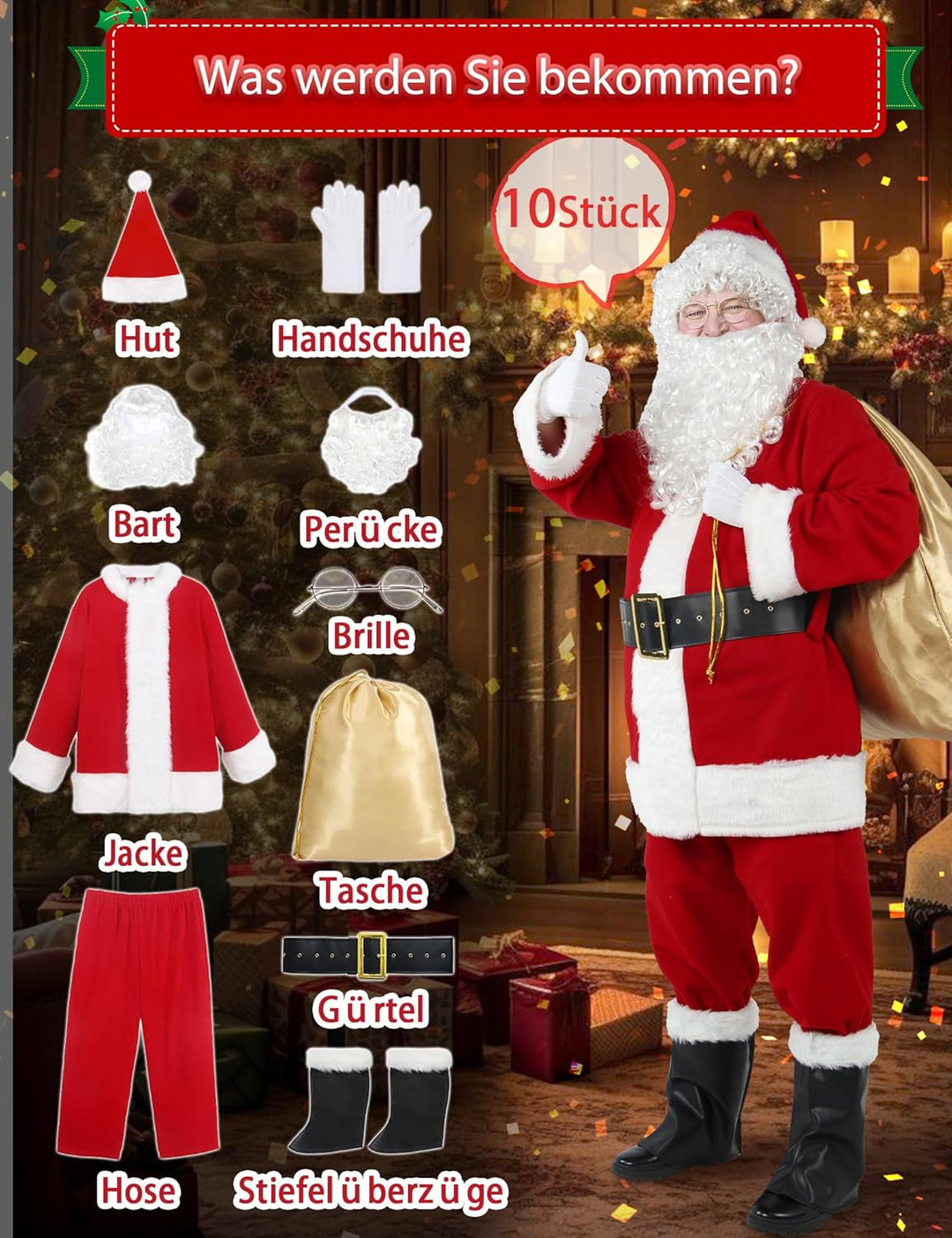 Gardentime Weihnachtsmann Kostüm für Männer Weihnachtsmann Anzug Erwachsene 10pcs Weihnachten Deluxe