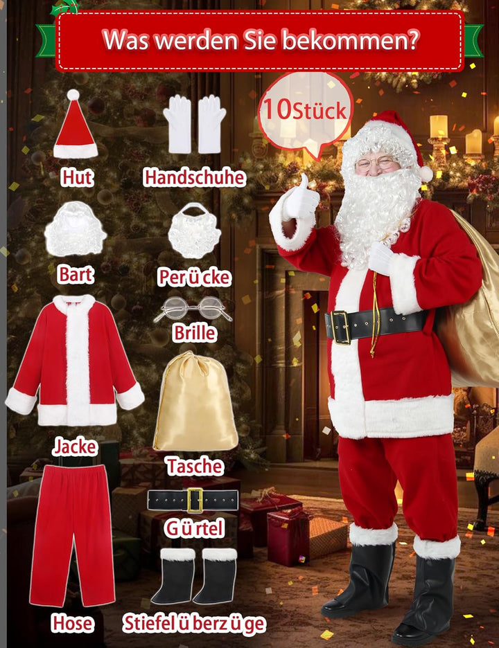 Gardentime Weihnachtsmann Kostüm für Männer Weihnachtsmann Anzug Erwachsene 10pcs Weihnachten Deluxe