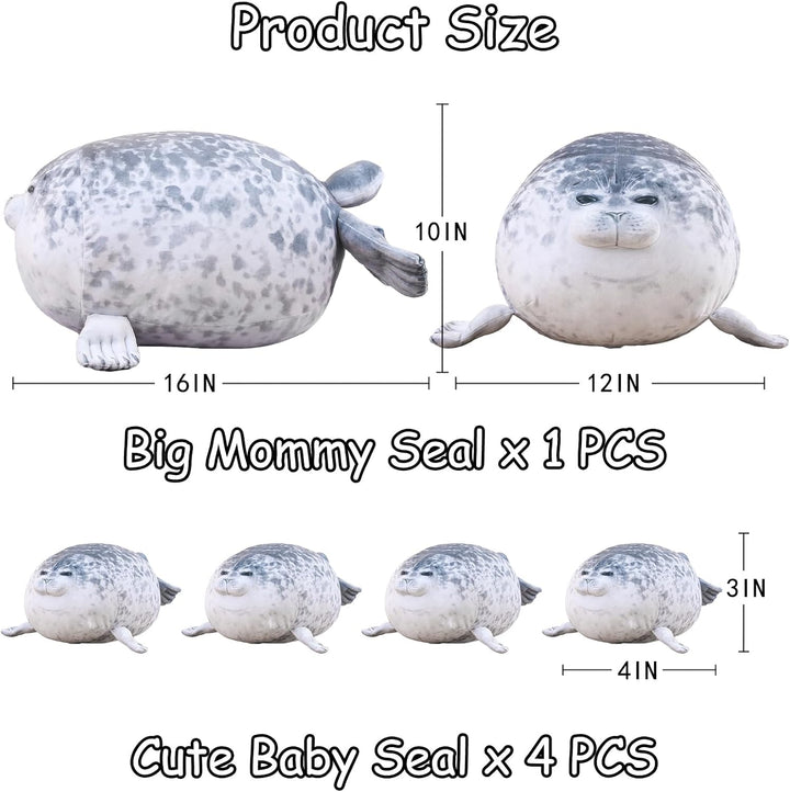 SQEQE Chubby Seal Pillow Plush with 4 Baby Seal Plushies in her Tummy, Stuffed Cotton Plush Animal T