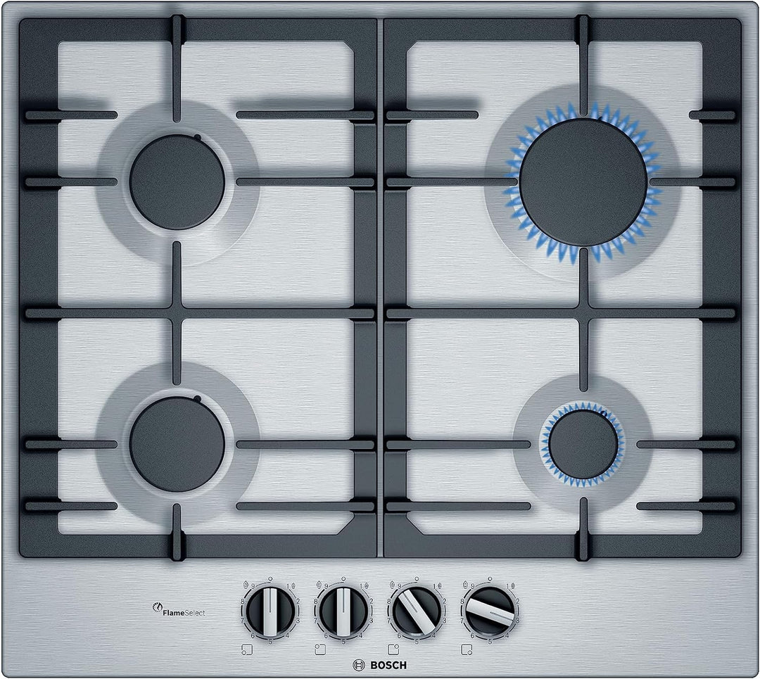 Bosch PCP6A5B90 autarkes Einbaukochfeld, Gas-Kochfeld Edelstahl 60 cm mit Drehreglern