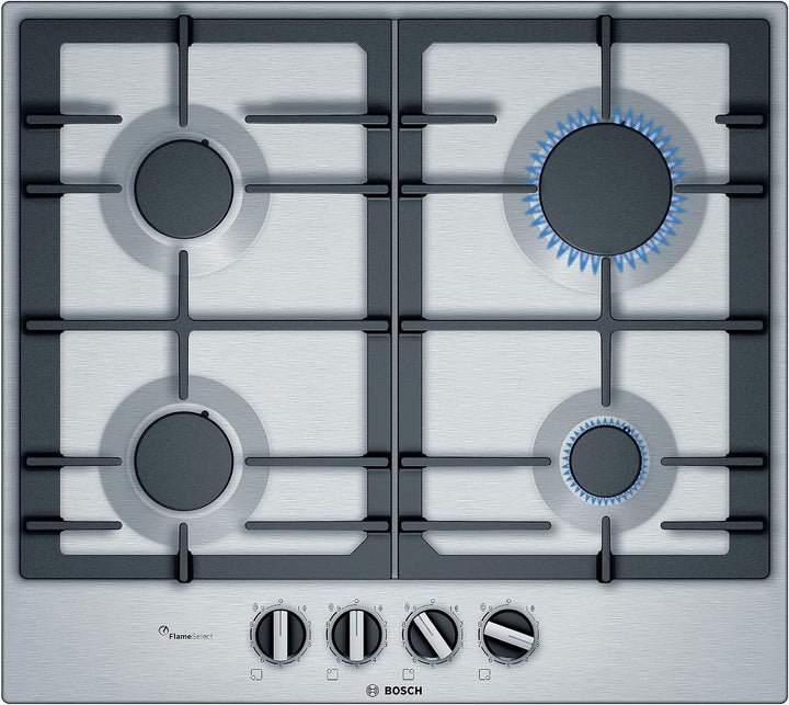 Bosch PCP6A5B90 autarkes Einbaukochfeld, Gas-Kochfeld Edelstahl 60 cm mit Drehreglern