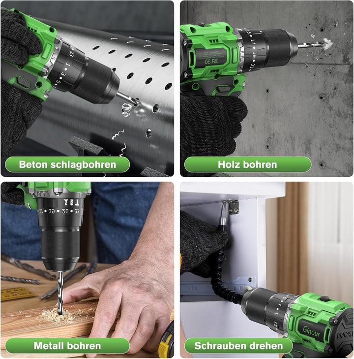 Ginour 21V Bürstenlos Akku Schlagbohrschrauber Set, 50 Nm, 1x2Ah Akku, kompatibel mit Makita 18V Akk