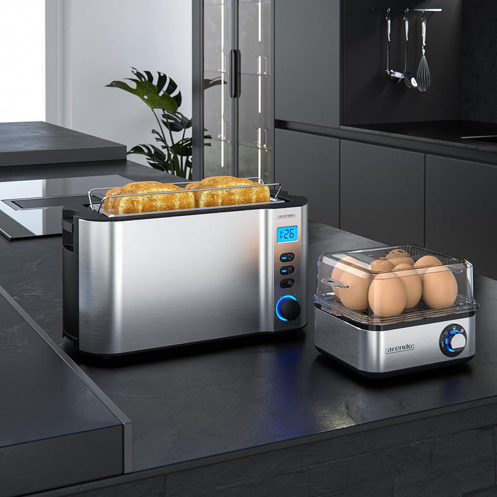 Arendo SET Toaster MANHA mit Eierkocher EIGHTCOOK Edelstahl Silber Toaster 4 Scheiben LED-Display 6