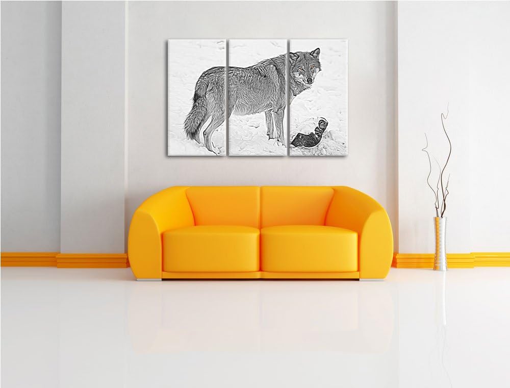 prächtiger Wolf im Schnee schwarz/weiss Deluxe 3-Teiler Leinwandbild 120x80 Bild auf Leinwand, XXL r