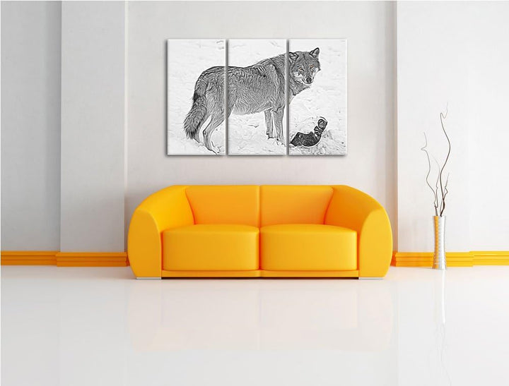 prächtiger Wolf im Schnee schwarz/weiss Deluxe 3-Teiler Leinwandbild 120x80 Bild auf Leinwand, XXL r