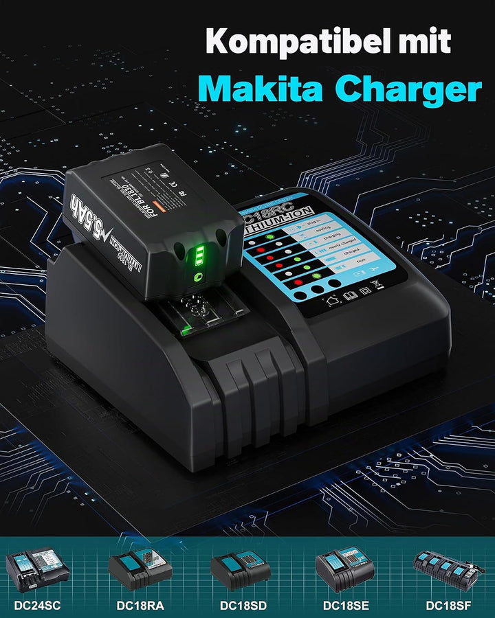 2 Stück 8.0Ah/8000mAh 18V BL1830 Akku mit Ladegerät Ersatzakku für makita Akku BL1830B BL1840 BL1850
