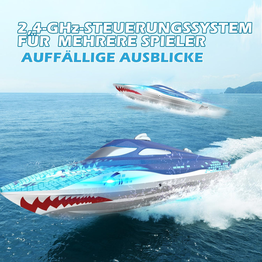 DEERC RC Boot mit LED-Licht,ferngesteuertes Haiboot für Pools und Seen, 20+ km/h RC-Boot, 2,4-GHz-Re