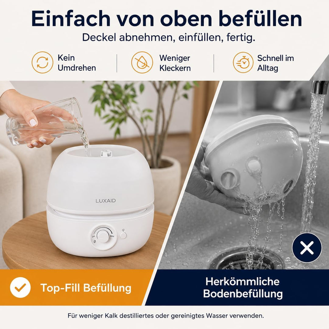 3L Luxaid Luftbefeuchter Schlafzimmer, ultraleiser 20dB, Top-Fill Luftbefeuchter für grosse Räume, B