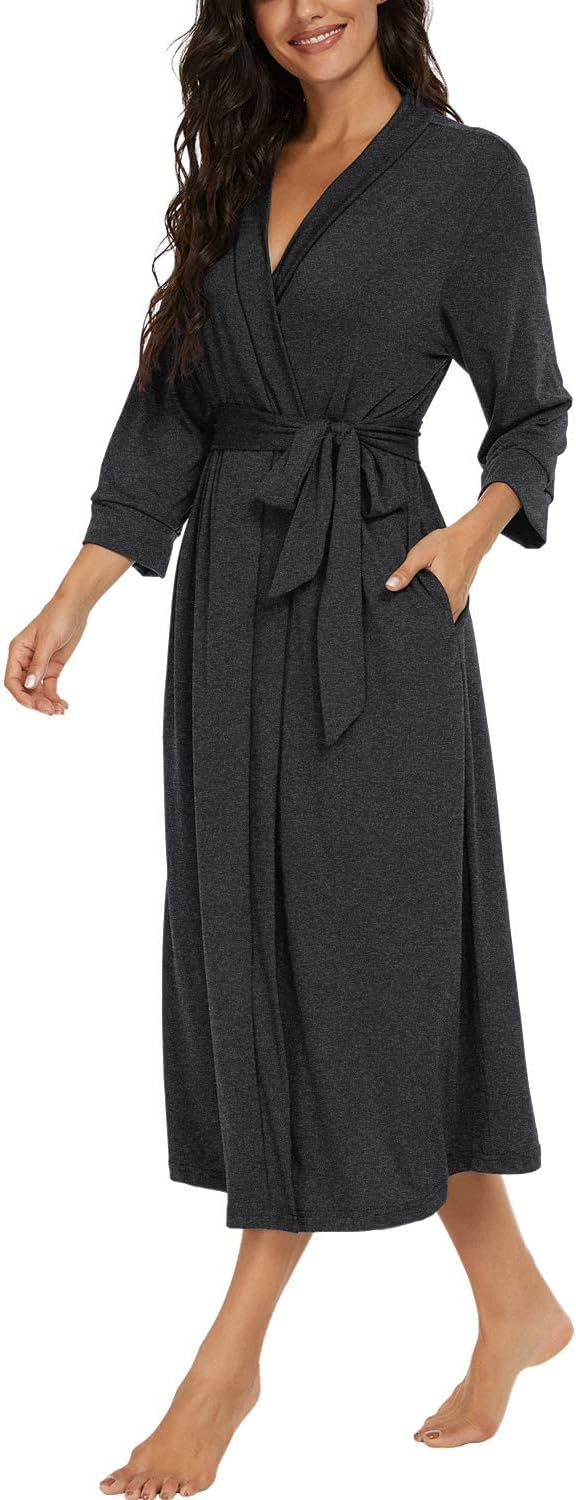 PrinStory Damen Bademantel Leichter 3/4 Ärmeln Morgenmantel V-Ausschnitt Kimono Roben Langes Nachtwä