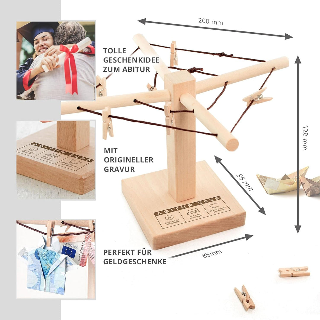 Casa Vivente Wäsche-Spinne aus Holz mit Gravur zum Abitur für Mädchen und Jungs, Witzige Geldgeschen