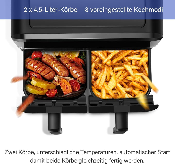 Dual Zone Heissluftfritteuse mit Sichtfenster, 9L XL Kapazität Doppel-Airfryer, 2 Schubladen, 8-in-1