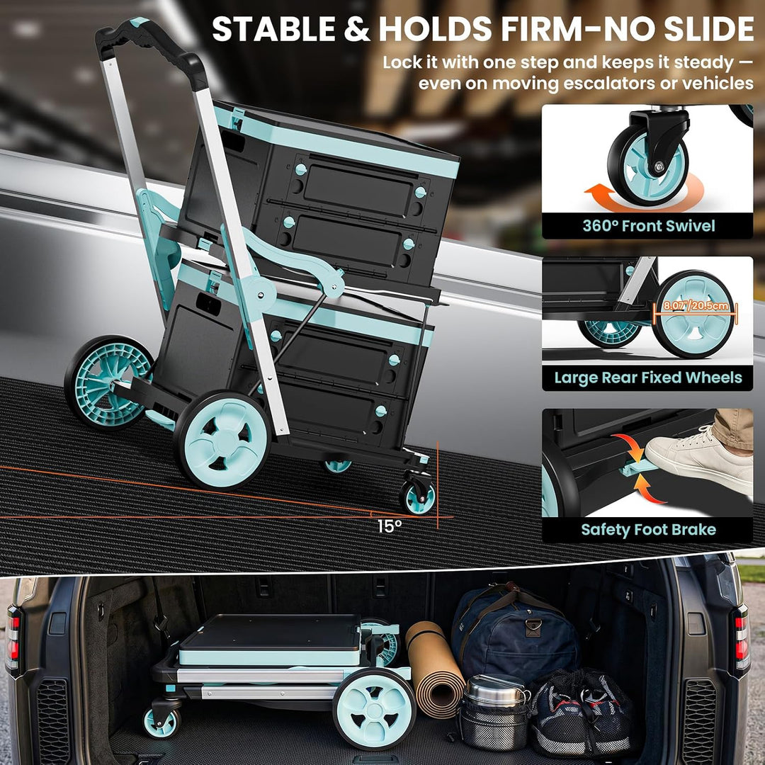 Klappbar Grosser Einkaufswagen Trolley zum Schieben mit Klappboxen | 2 Etagen mit 4 Rädern &amp; abnehmb