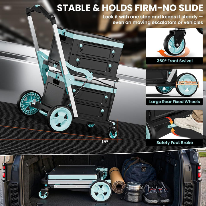 Klappbar Grosser Einkaufswagen Trolley zum Schieben mit Klappboxen | 2 Etagen mit 4 Rädern &amp; abnehmb
