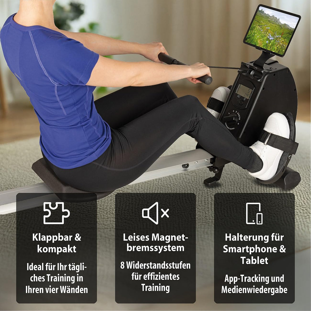 PEARL Sports Rudermaschine: Klappbares Heim-Rudergerät mit 8 Stufen, Magnetbremssystem, bis 120 kg (