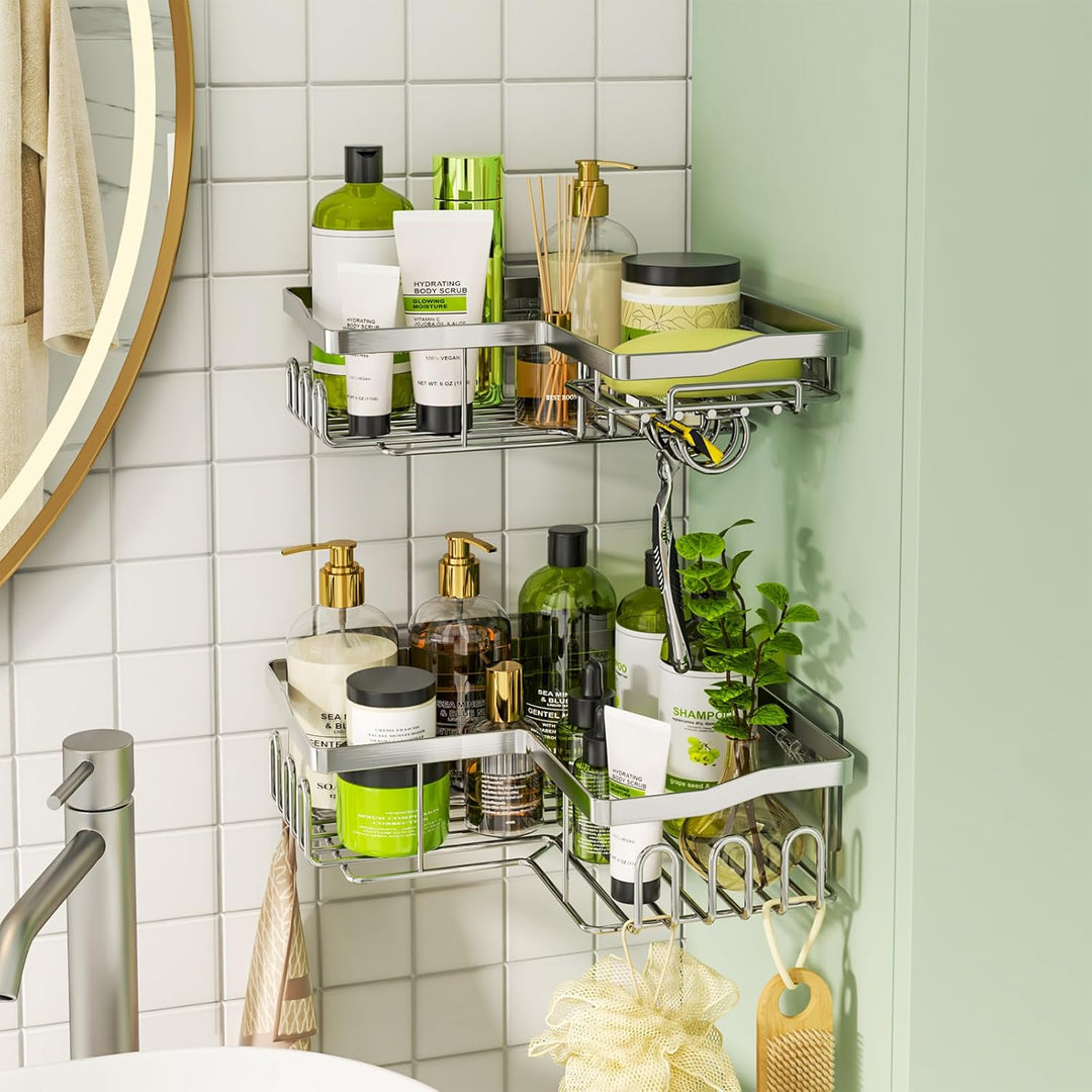 HapiRm Duschablage,Duschablage Ecke Duschregal Ohne Bohren Duschkorb mit 11 Haken Seifenschale und R