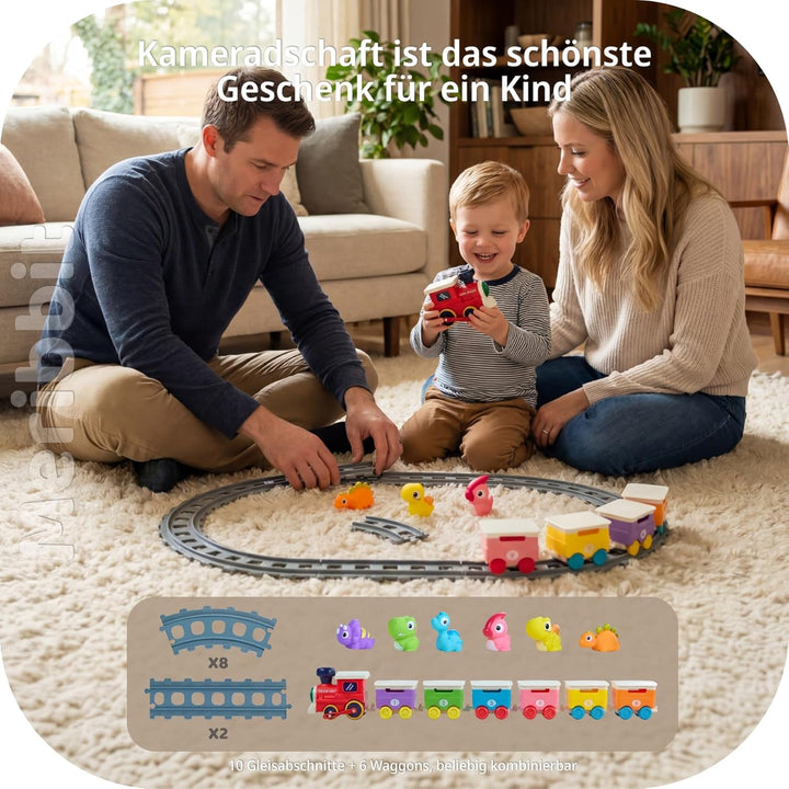 Montessori Zug Set mit Schienen, Licht & Dampfeffekt, Dinosaurier Fingerpuppen, Lernspielzeug für Ki
