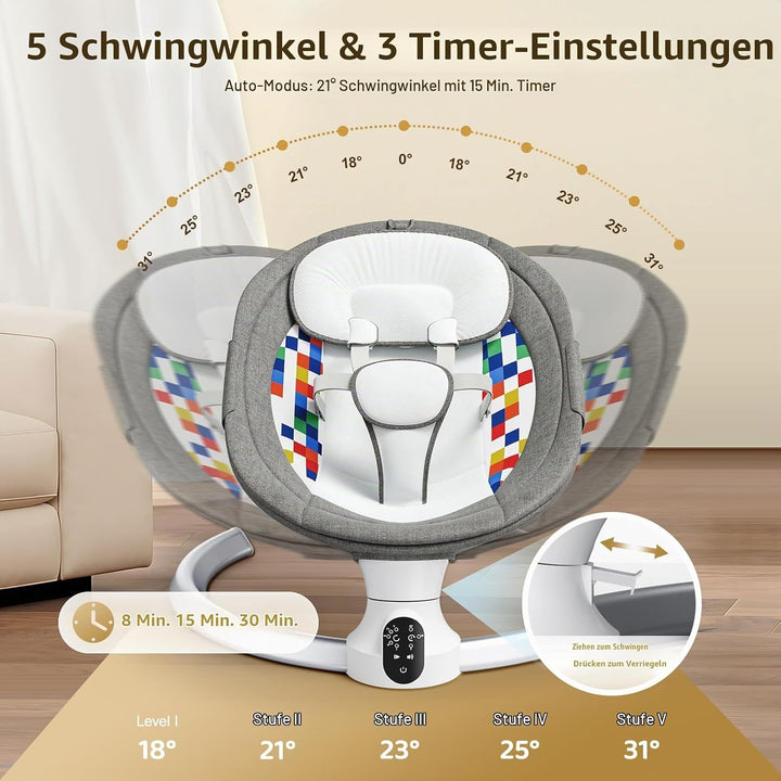 Kotsy Babywippe Elektrisch mit 5 Natürlichen Schaukelgeschwindigkeiten, Babyschaukel elektrisch mit
