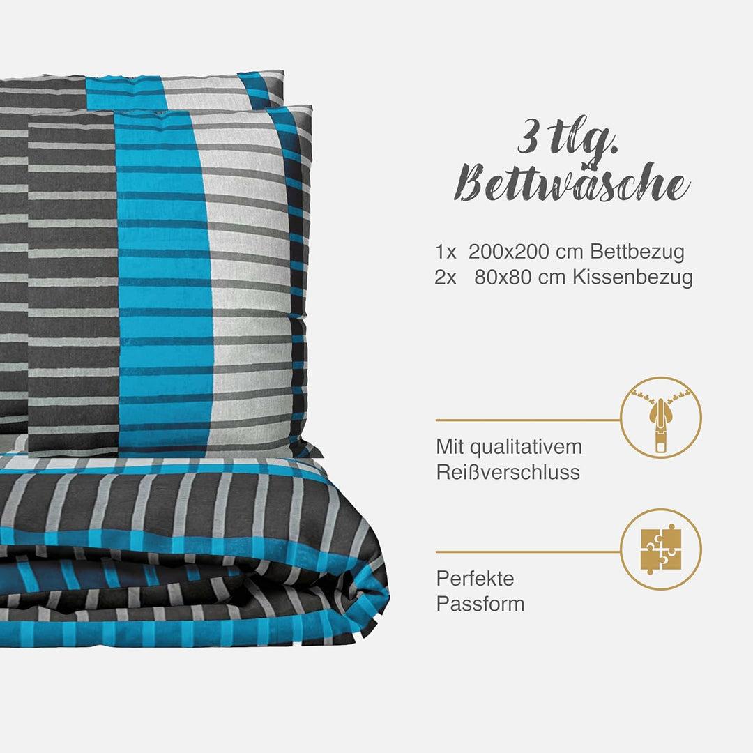 Class Home Collection Bettwäsche 200x200 Baumwolle Renforce 3 teilig Bettwäsche-Set mit Reissverschl