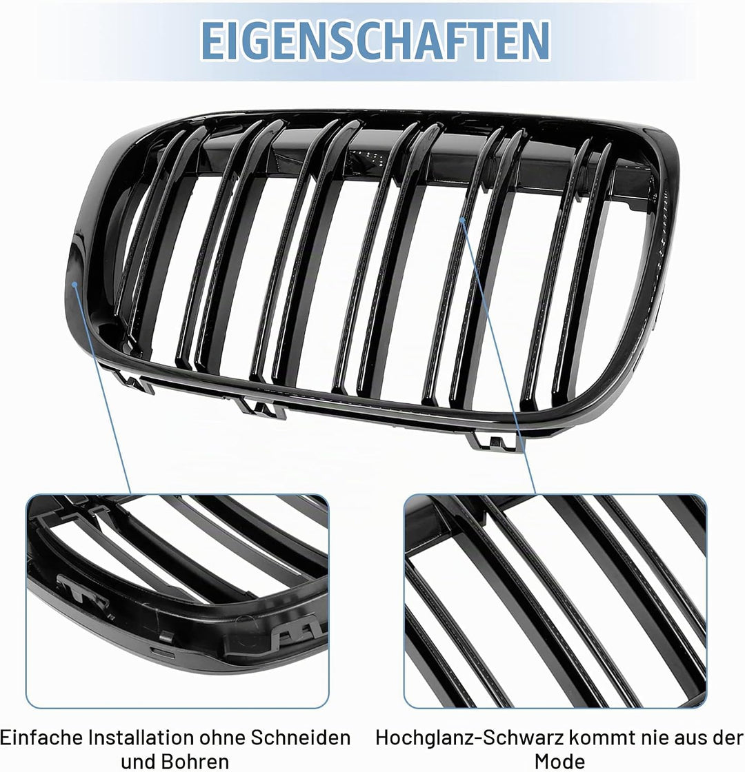 Gangying Kühlergrill Passend für BMW X1 F48 F49 2016 2017 2018 2019 Schwarz Glanz Kühler Front Doppe
