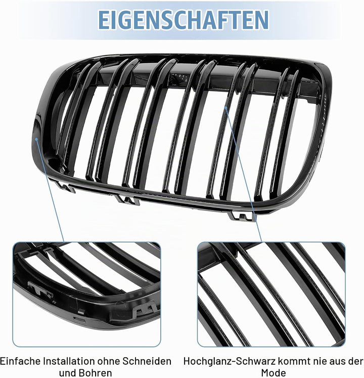 Gangying Kühlergrill Passend für BMW X1 F48 F49 2016 2017 2018 2019 Schwarz Glanz Kühler Front Doppe