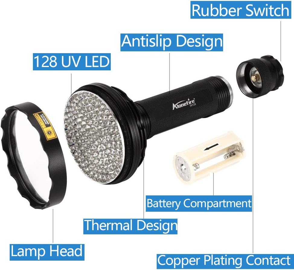 Alonefire SV128 395nm UV Taschenlampe 128 LED Schwarzlicht Taschenlampe für Skorpion, Haustier Urin