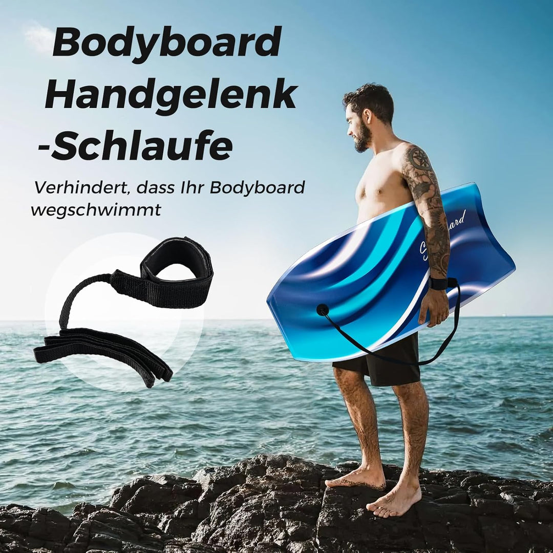 GYMAX Leichtes Bodyboard, Surfbrett mit EPS-Kern, XPE-Deck, HDPE-Unterseite, Halbmond-Heck & Handgel