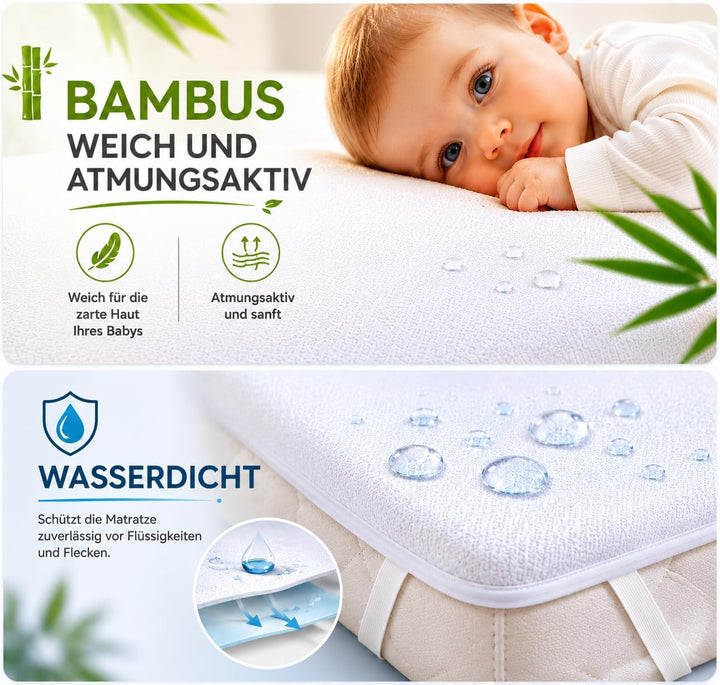 Flyideas Wasserdichter Matratzenschoner Babybett 80x160 cm, 2 STK. Zertif. Bambus - Matratzenschutz