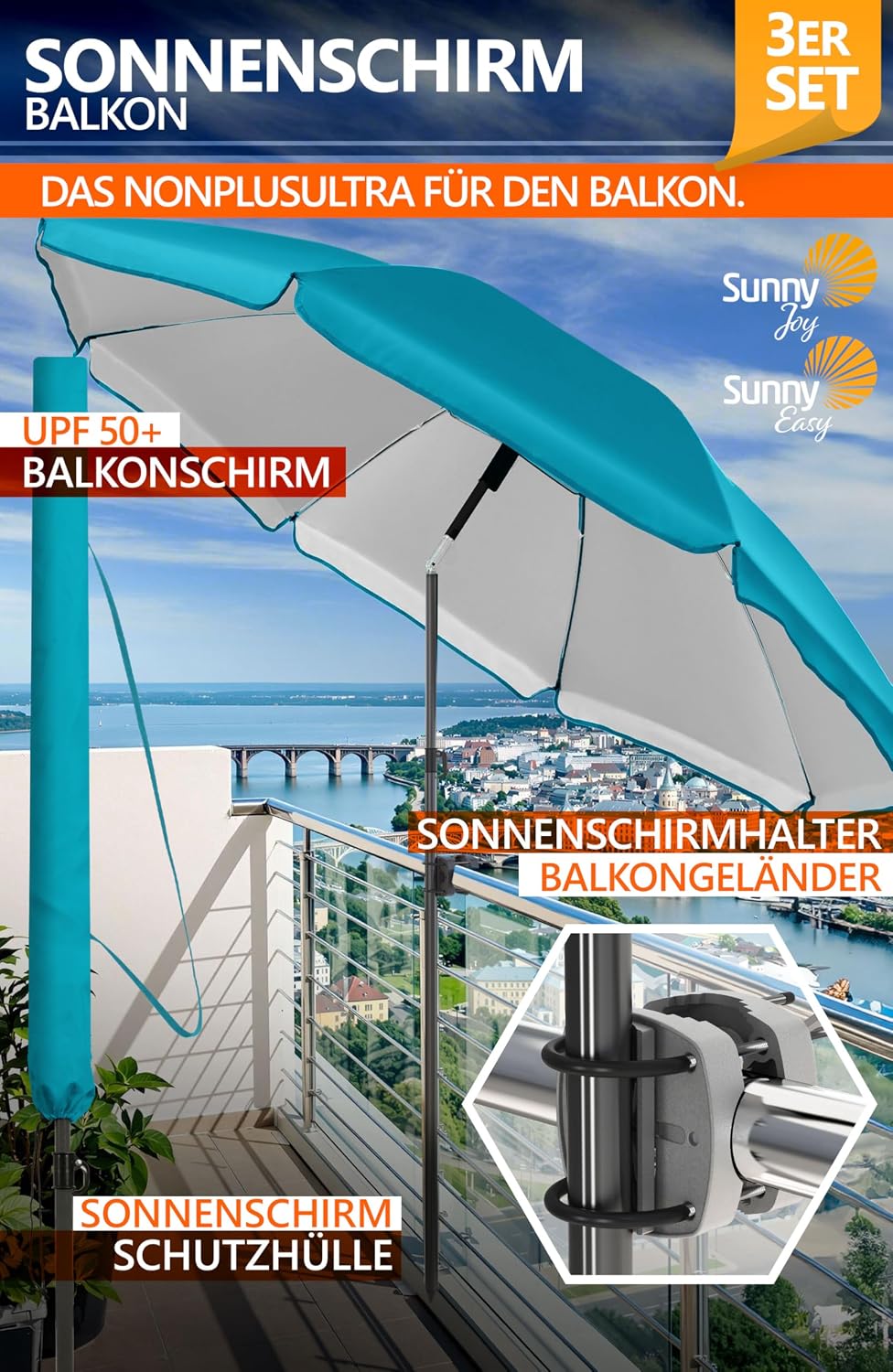 4smile Sonnenschirm Balkon SunnyJoy Ø 180 cm, 3-IN-1 Set - UPF 50+ Balkon Schirm + Sonnenschirmhalte