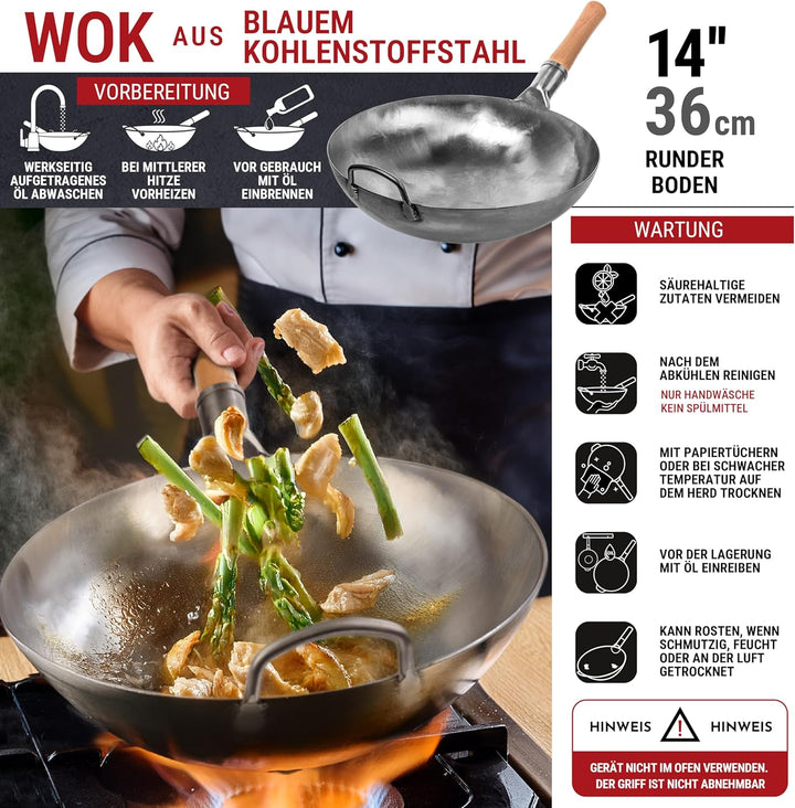 YOSUKATA Karbonstahl Woks & Wokpfannen - 36 cm Handgehämmerter Wok Pfanne Carbonstahl Runder Boden -
