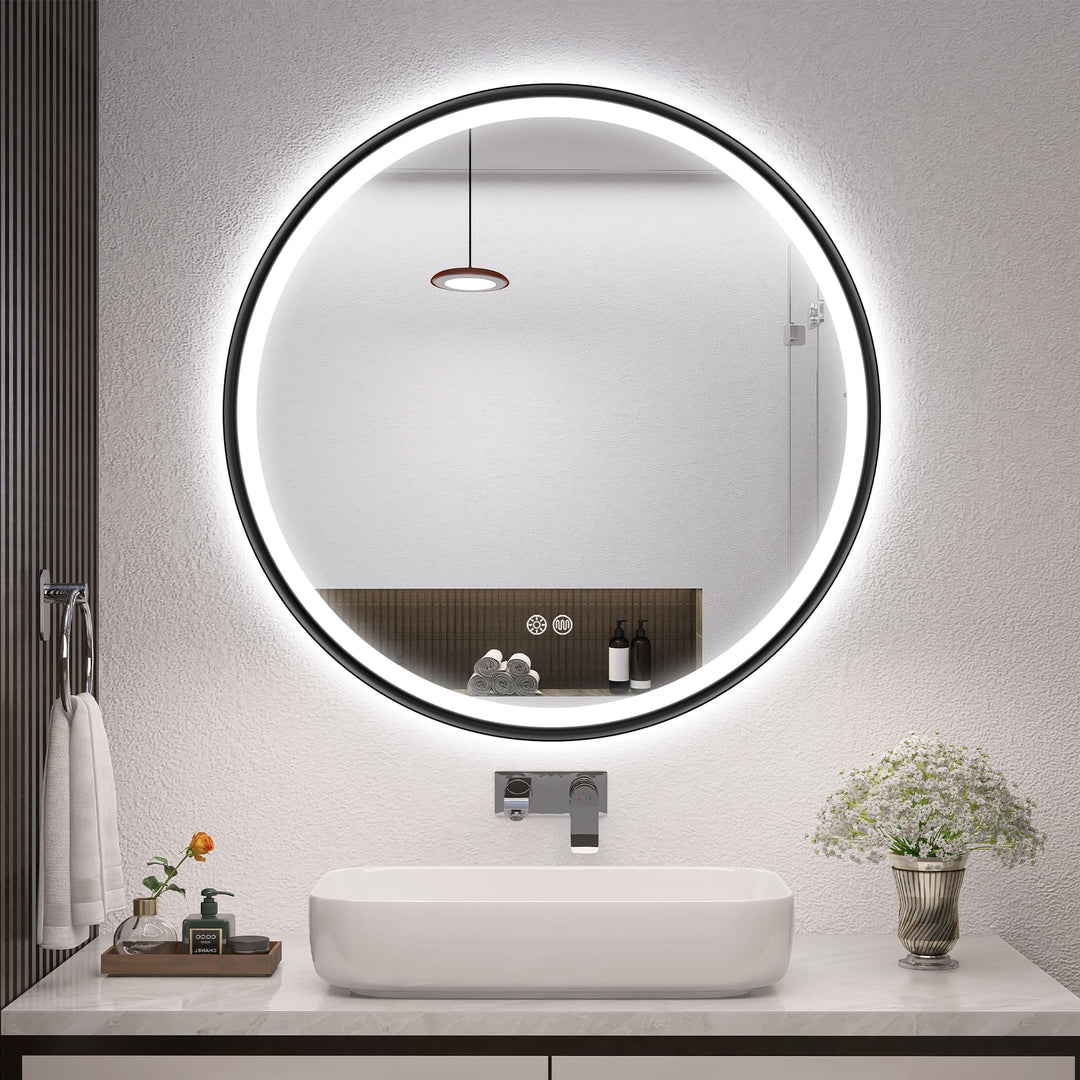 S'bagno Badspiegel mit Beleuchtung 60cm, Spiegel Rund mit Beleuchtung mit Aluminiumrahmen, Entfoggen