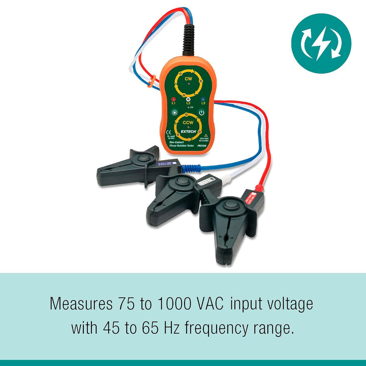 Extech Phasendrehrichtungsprüfer, 1 Stück, PRT200 | Phasenrotation (CW/CCW) und Live-Phasen-LEDs, 75