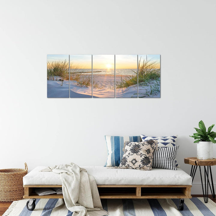 Runa Art Bild Strand Sonnenuntergang Wandbilder auf Vlies Leinwand 5 Teilig Wanddekoration Schlafzim