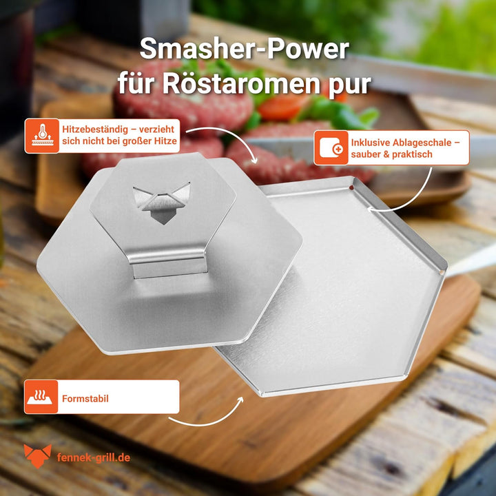 FENNEK Smasher I Grillpresse für Burger aus hochwertig geschliffenem Edelstahl I Werkzeug für Küche,