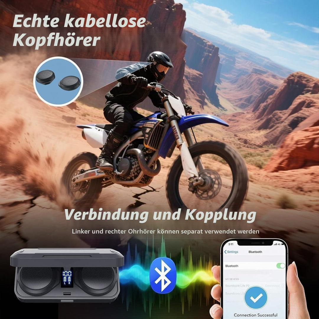 OBEST Motorradhelm Bluetooth Headset, TWS Kabellose Kopfhörer mit Ladeetui, Bluetooth 5.3 &amp; ANC Akti