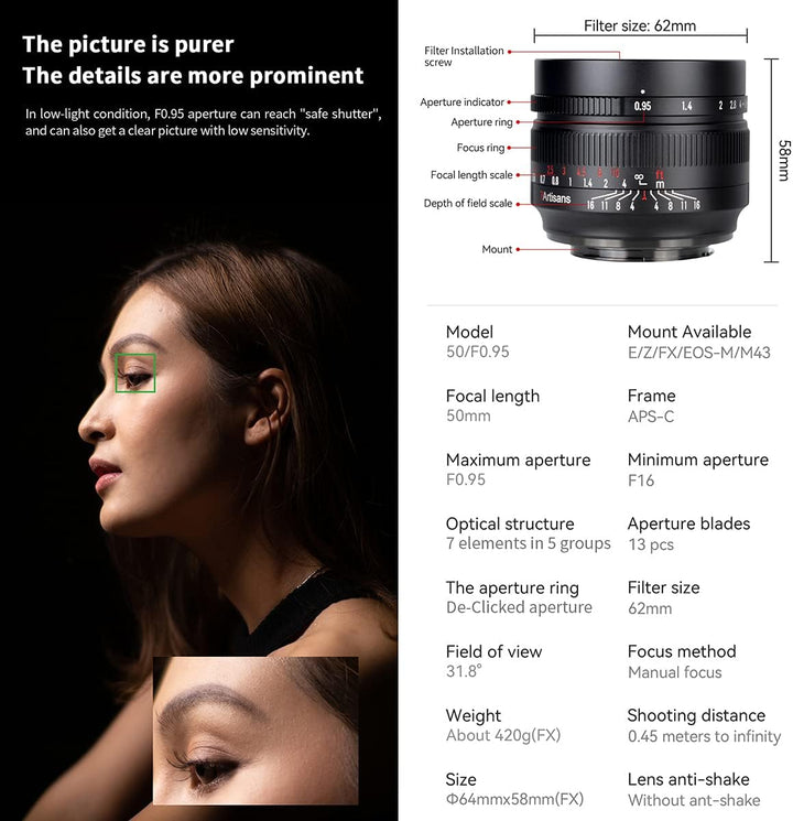 7artisans 50mm F0.95 APS-C Portrait Spiegelloses Kameraobjektiv mit grosser Blende Large Aperture Fi