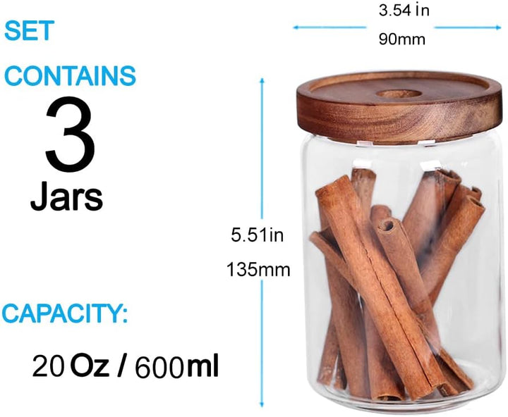 SAIOOL Glasdosen, Lebensmittelbehälter mit luftdichten Akaziendeckel, 600 ml, Glasdosen-Set, 3, tran