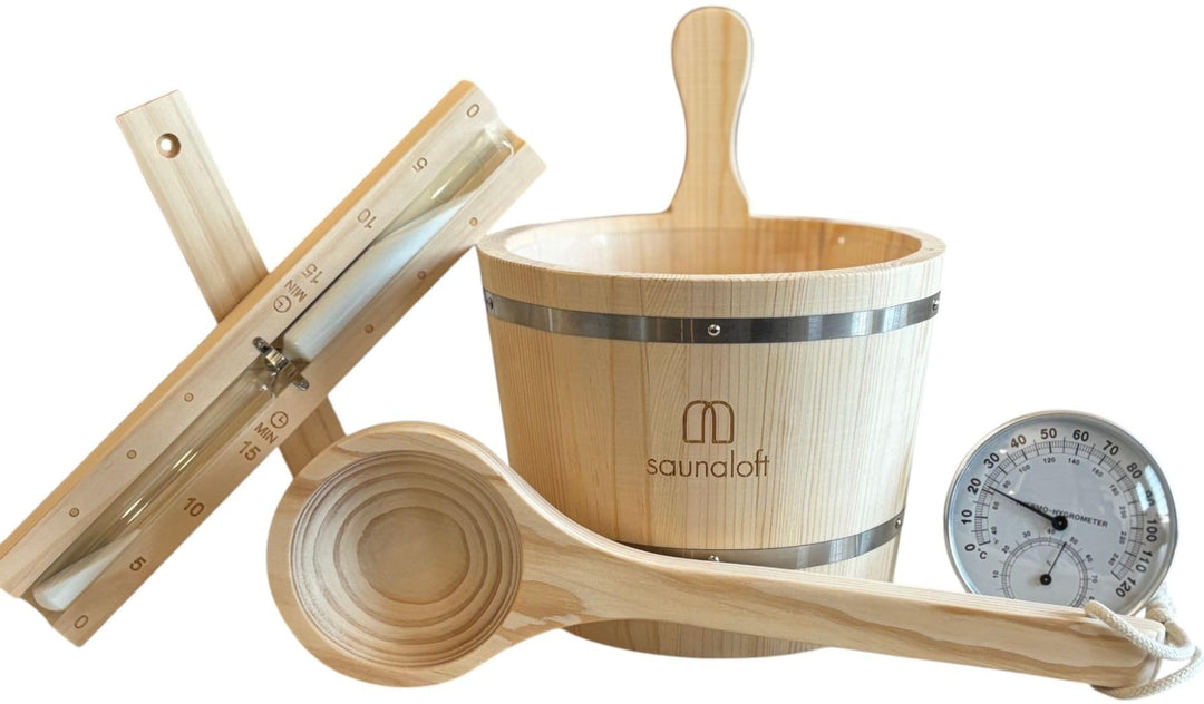 Premium Sauna-Zubehör Set aus Pinienholz, 5-teilig mit Holzeimer 3L, Kunststoff-Inlay, Saunakelle 36
