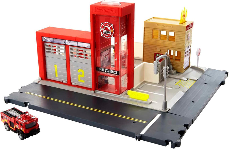 Matchbox HBD76 - Feuerwache Spielset, mit 1 Feuerwehrauto im Massstab 1:64, Licht- und Soundeffekten