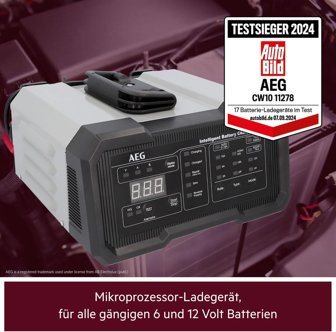 AEG Batterieladegerät CW10 lädt alle 6 V und 12 V Batterien, umfangreicher Sicherungsschutz, mit Lad