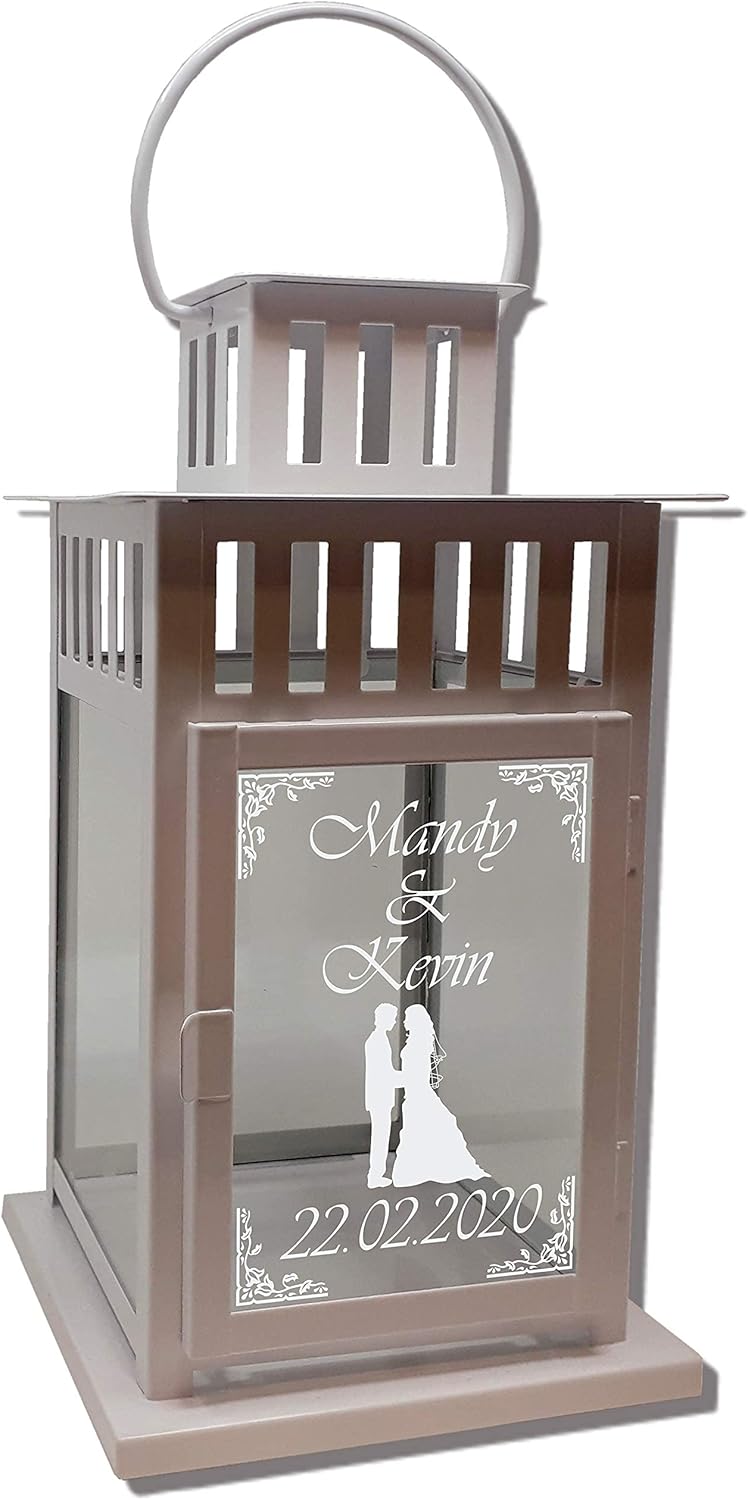 Hochzeits-Laterne Metall weiss Mod. 4 mit Motiv-Gravur 28x15,5x15,5 cm Weiss (Motiv), Weiss (Motiv)